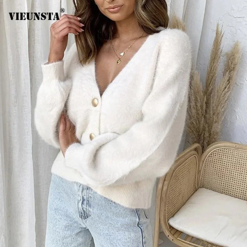 Винтажный свитер с V-образным вырезом и рядом пуговиц для женщин мягкая ткань