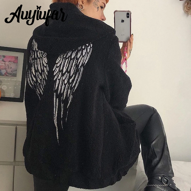 

Auyiufar Wing Printing Oversized Long Sleeve Hoodies Lambswool Fairy Grunge Loose Zip Up Gothic Top Elfcore Y2K Aesthetic Coats