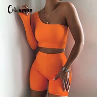 cnyishe one shoulder casual matching sets women tracksuit long sleeve sporty suits crop top biker shorts two piece lounge set