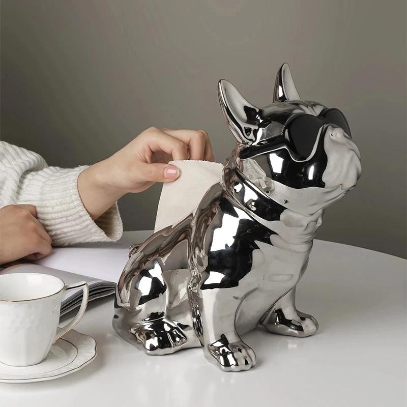 

European Silver Electroplated Ceramic French Fighting Dog Tissue Box Cartoon Animal Sculpture Household Sunglasses Dog Storage