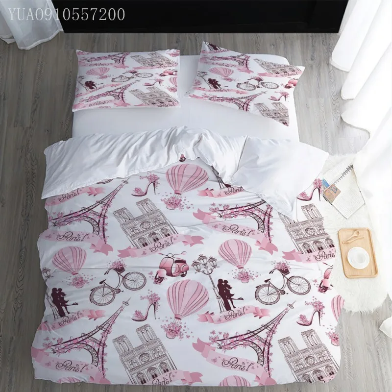 

Romantic Bedding Luxury Queen King Size Bed Cover Set Paris Tower Big Ben Printed Couple Duvet cover Pillowcase Holiday Gift