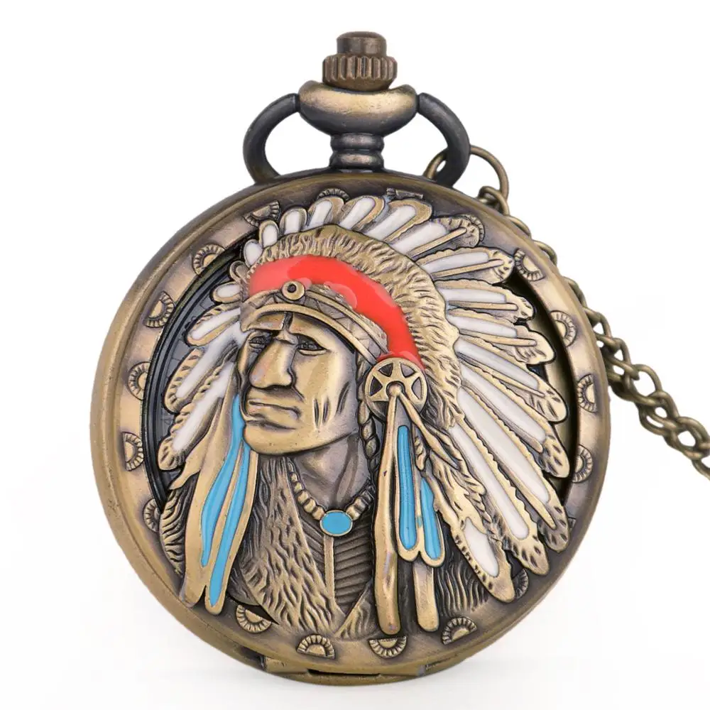 

New Arrival Ancient Indian Old Man Colorful Portrait Design Quartz Fob Pocket Watch Bronze Pendant Necklace Chain Souvenir Gifts