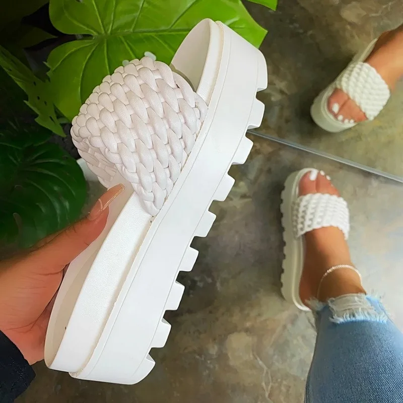 

2021 Summer Weave Shoes Woman Flat Platform Sandals Women Soft Pu Leather Casual Shoes Open Toe Gladiator Wedges Women Sandals