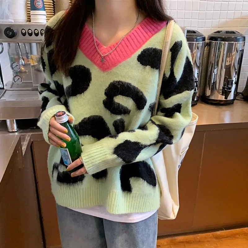 

Women Long Sleeve Casual Sweaters New 2021 Autumn Korean Style Streetwear Vintage V-neck Loose Female Knitted Pullovers W655
