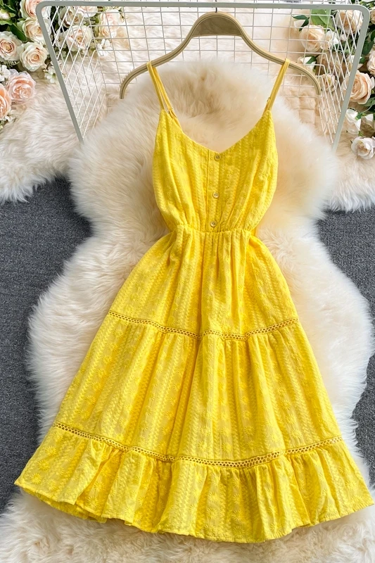 

Bohemian yellow spaghetti strap dress summer women's V-neck off shoulder embroidery mini dress cotton beach A-line dress