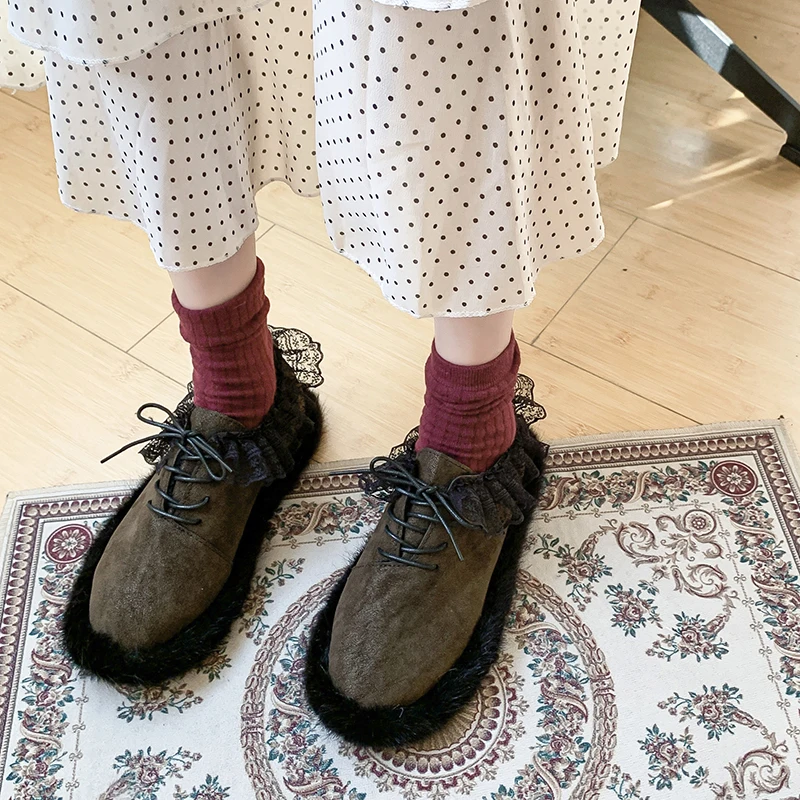 

2020 lace fur single shoes women flat bottom new autumn winter version of the wild fairy style personality tide shoes W36-50