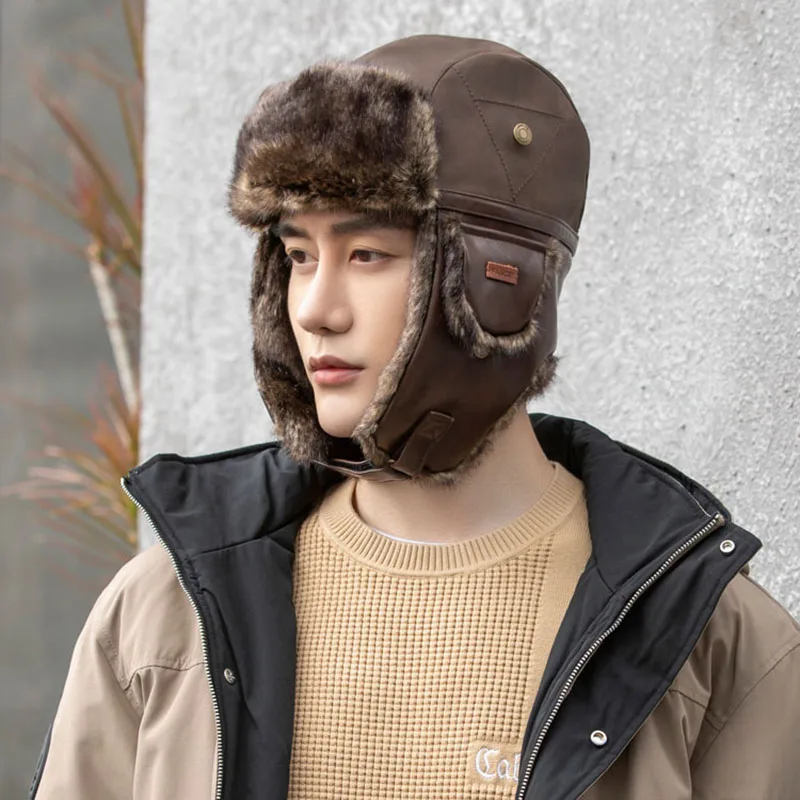 Winter Outdoors Bomber Hats Men Faux Leather Fur Ushanka Caps Windproof Warm Cotton Caps Russian Aviator Thick Skiing Hat 60cm