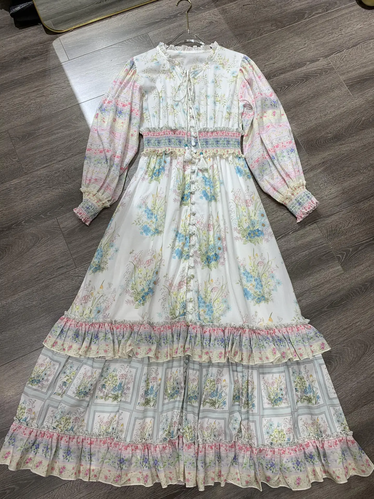 

Vintage European Lantern Long Sleeve Lace Up Tassel Printing Spring Sweet Ruffle Chic Bohemian Beach Runway Luxury Women Dress