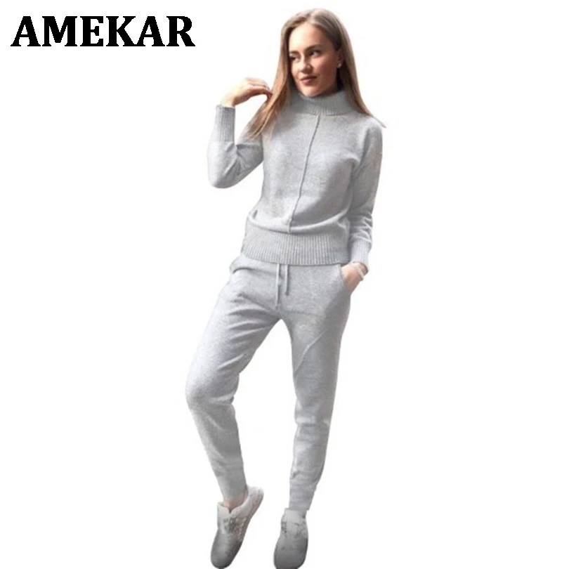 

Женский шерстяной вязаный костюм, свитер с высоким воротником и брюки, свободный стиль, комплект из двух предметов, Женский вязаный костюм, ...