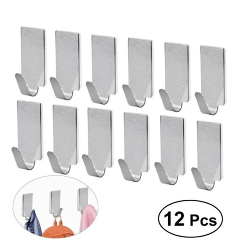 

12Pcs Stainless Steel Holder Hook Self Paste Bathroom Wall Door Strong Sticky Load-bearing Non-marking Hanger Hooks