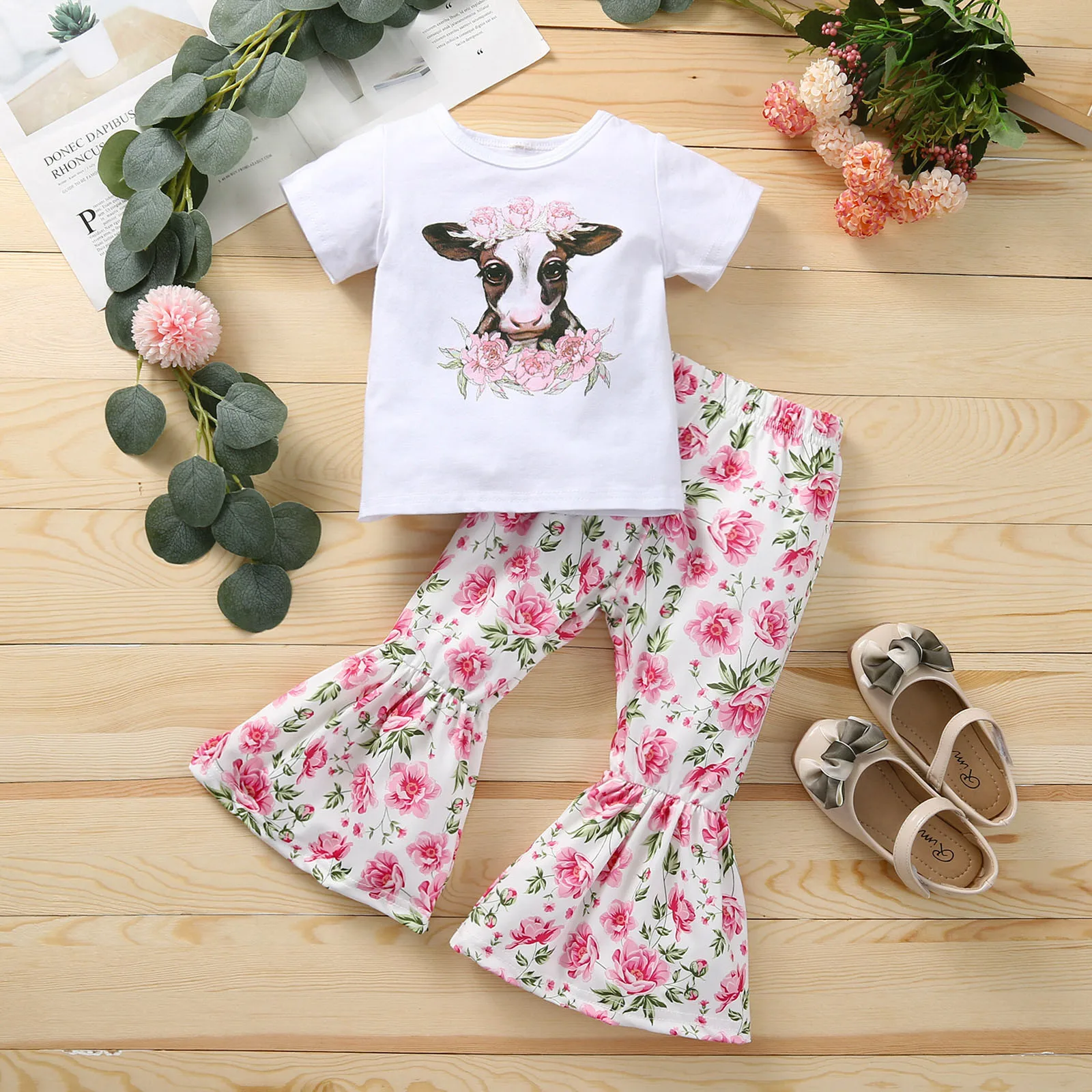 

Toddler Kids Baby Girls Set Cartoon Animal Print T-shirt Tops + Floral Flared Pants Outfits Toddler Baby Girl Clothing Set 2021