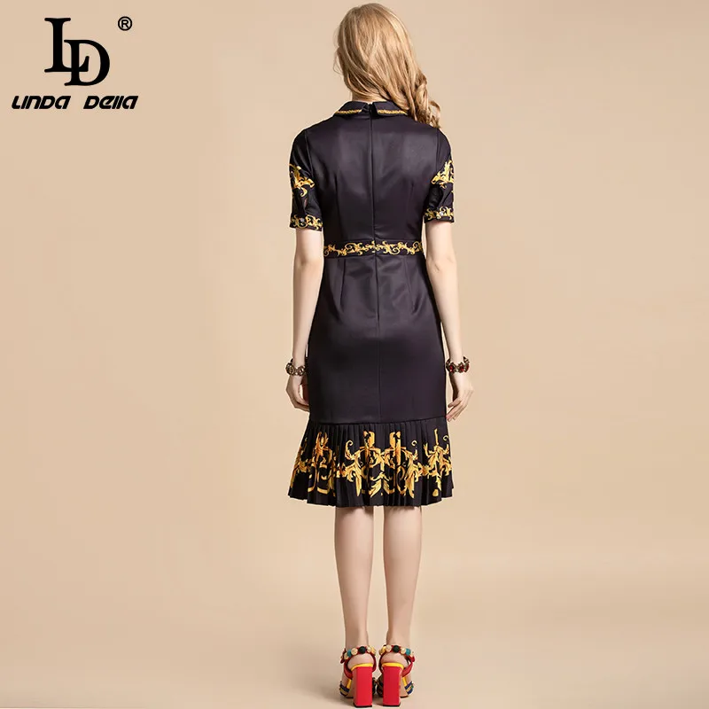 

LD LINDA DELLA Vintage Runway Summer Dress Women Floral Print Draped Sexy Mermaid Party Dresses Ladies Midi Black Dress vestido