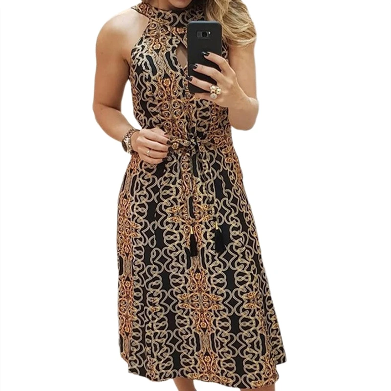 

Womens Print Halter Sexy Backless Dress 2020 Summer Fashion Wild Sleeveless Lace Up Slim Fit Dress