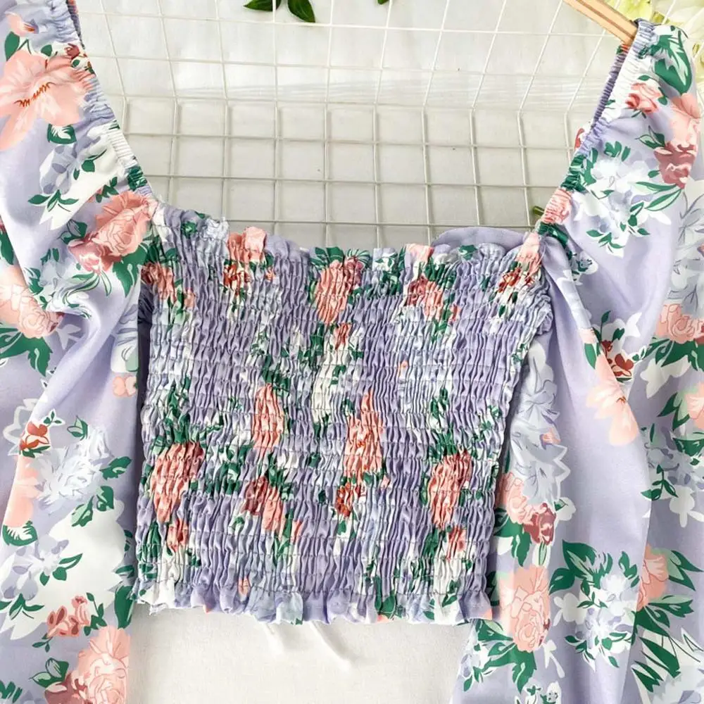 

Chic Floral Print High Waist Chiffon Short Blouse for Female Casual V-Neck Long Sleeve Floral Printed Chiffon Crop Blouse