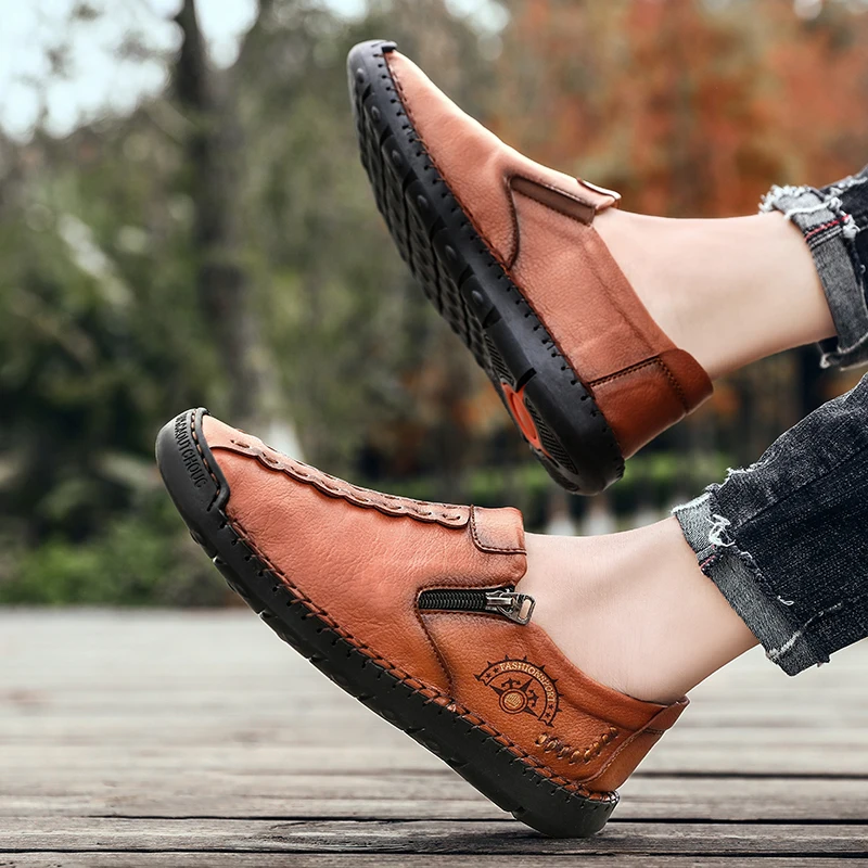 

2020 New Comfortable Men Casual Shoes High Quality Handmade Zippers Leather Fashion Loafers Breathable Flats Driving Big Size 48