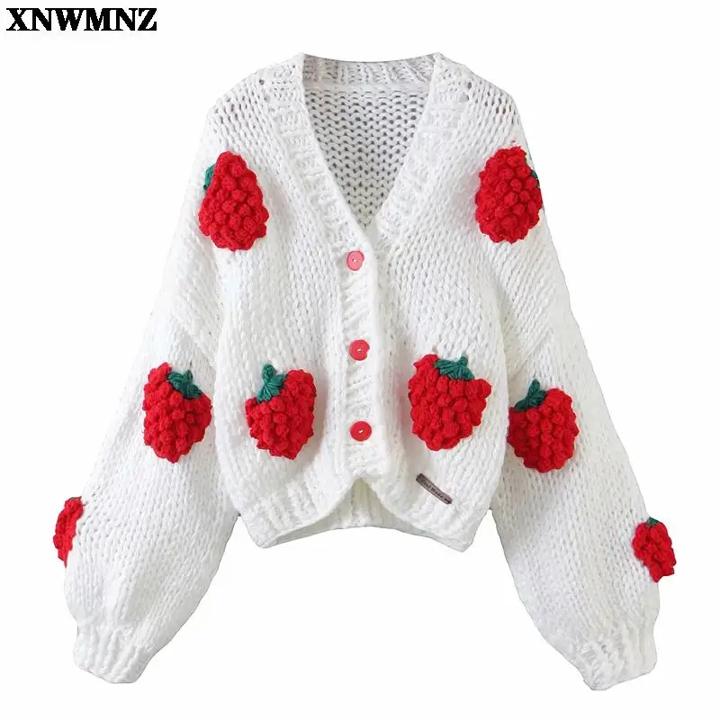 

XNWMNZ Sweet Japanese Style Handmade Women Cardigans Strawberry Knit Embroidery Korean Cardigan Vintage Elegant Cute Sweaters