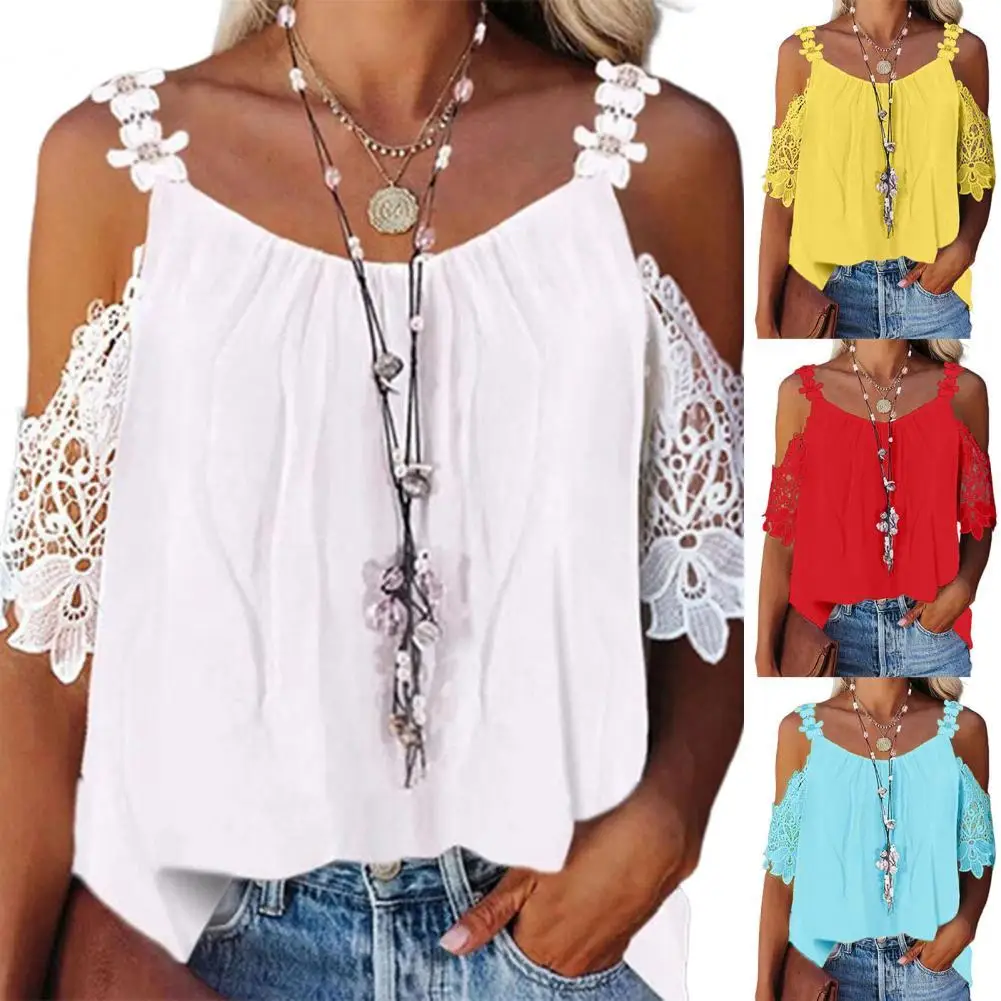 White Office Shirts For Ladies 2021 Summer New Plus Size Women's Fashion Loose Halter Lace Hollow Sleeve Sling Shirt Top Blouse