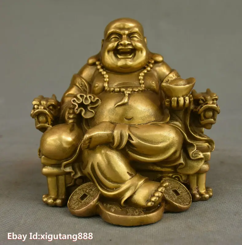 

Редкий китайский буддийский латунный стул, дракон, благосостояние, счастливый смех, статуя Будды Maitreya