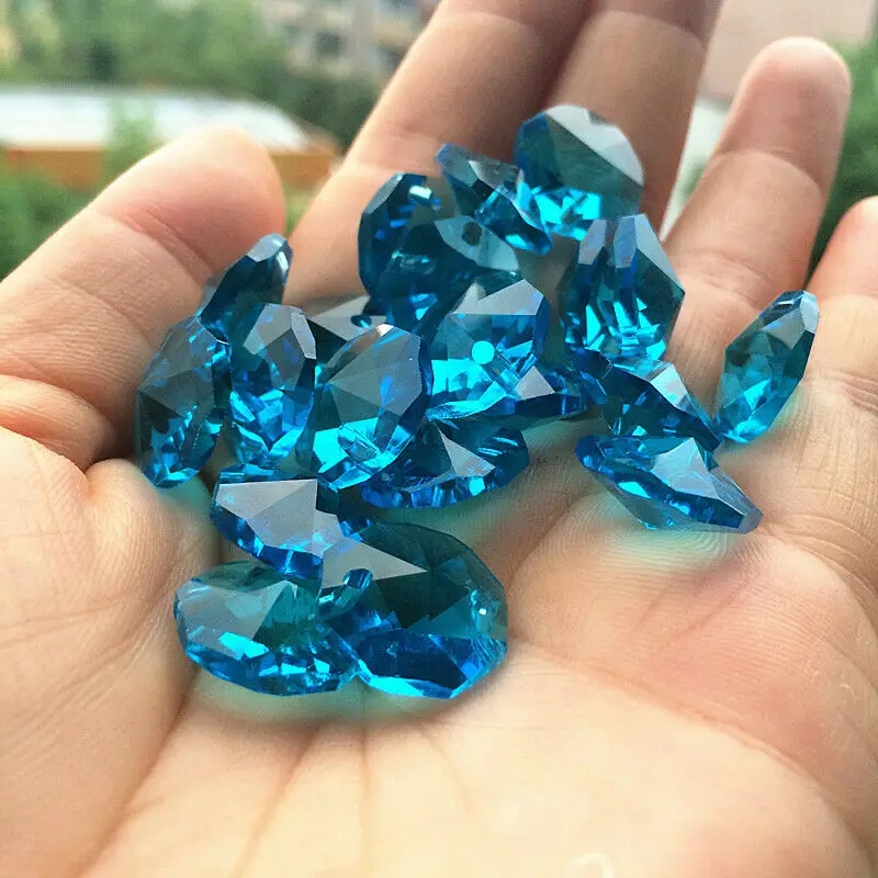 

Camal 50Pcs 14MM Sky Blue Chandelier Prism Crystal Octagonal Loose Beads 2 holes Lamp Part Suncatcher Garland Hanging DIY