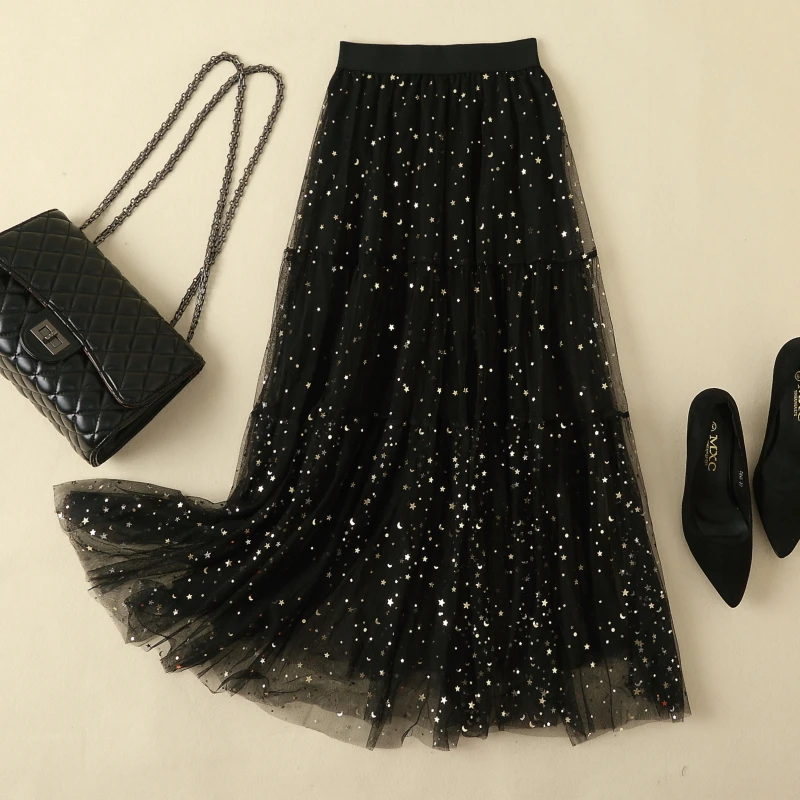 Блестящая Звезда плиссированные юбки в складку черный 2019 PDD блестящая длинная