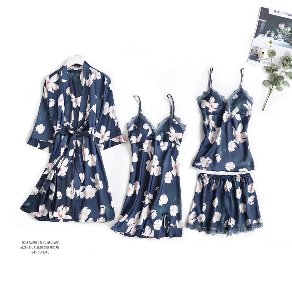 

Blue Sexy Pajamas Set Women Faux Silk Lace Sling Sleeveless Shirt Shorts Summer Robe Sleepwear with Chest Pads Pyjama Sets