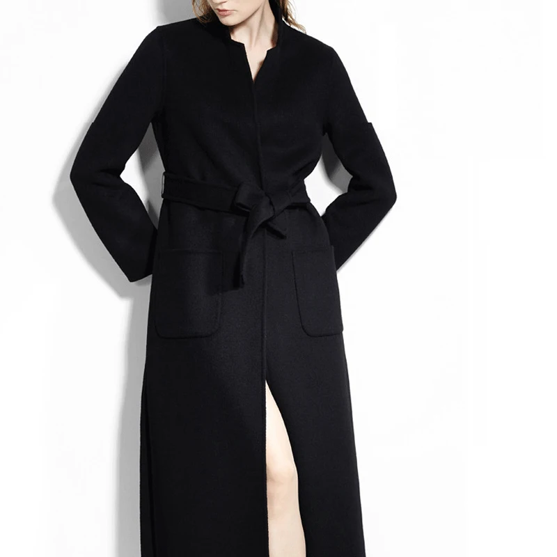 

Thick New Trendy Slim Solid Sleeves Cashmere Pockets Turn-down Collar Winter Coat Wool Blends Long With Belt For Women