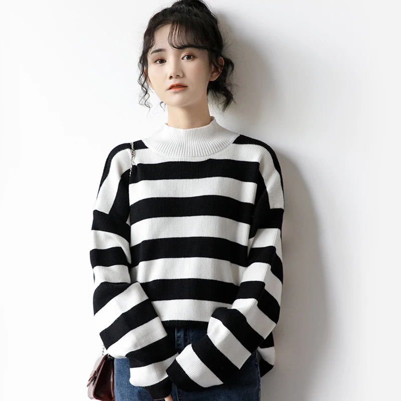 Новинка Зима 2020 черно-белый полосатый свитер с ложным воротником женская зимняя
