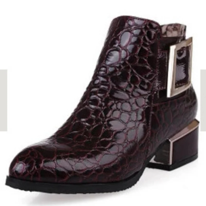 

2023 New Chunky Boots Fashion Stone Pattern Women Ankle Bootie Autumn Winter Short Botas Mujer Metal Buckle Women Shoes WSH4151