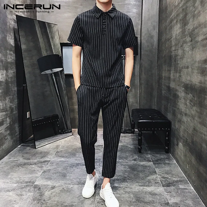 

INCERUN Men Fashion Striped Sets Short Sleeve Lapel Shirts Elastic Waist Pants Summer Vintage Men Casual Suits 2 Pieces S-5XL