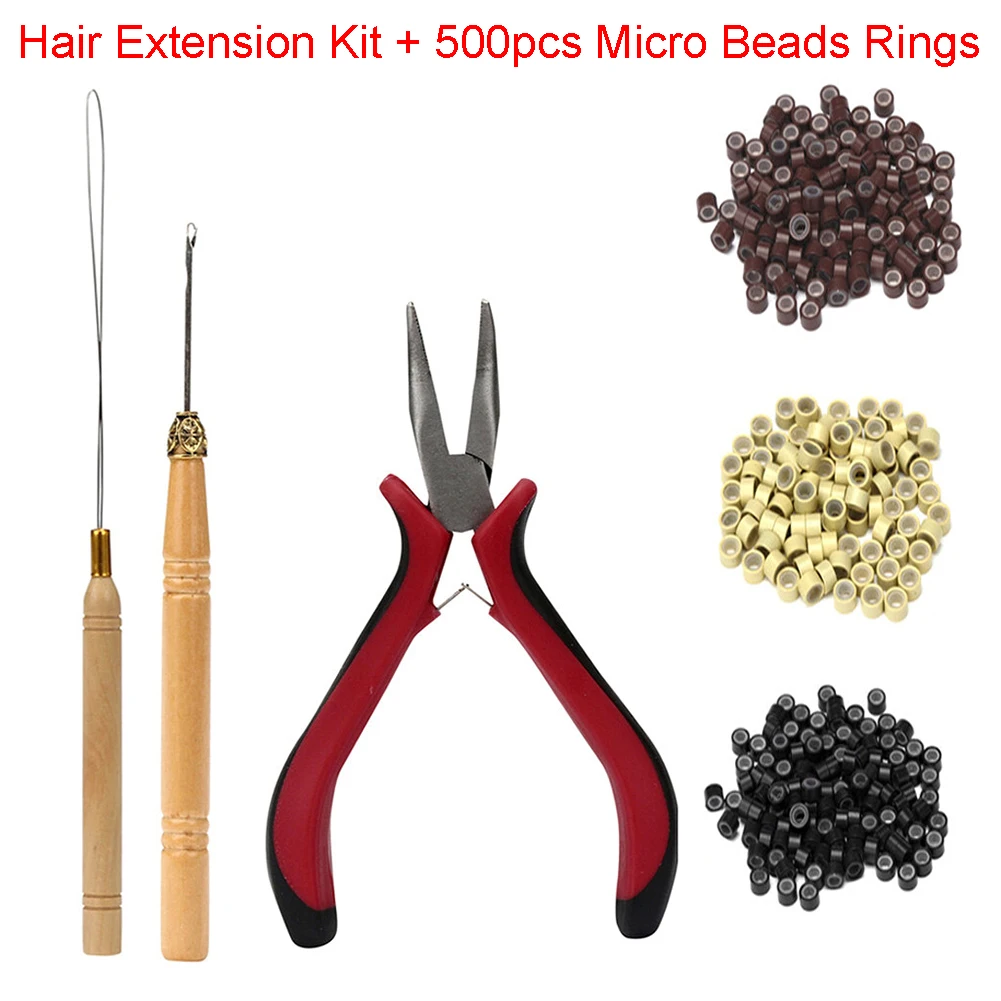 

500pcs Micro Beads Rings Feather Hair Extensions Tool Kits 5mm Silicone Micro Links/Beads+ Crochet Hook Needle Pulling Threader