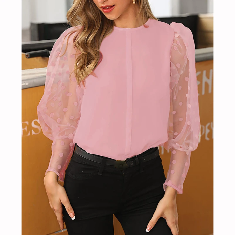 Однотонная женская элегантная блузка в горошек с круглым вырезом и