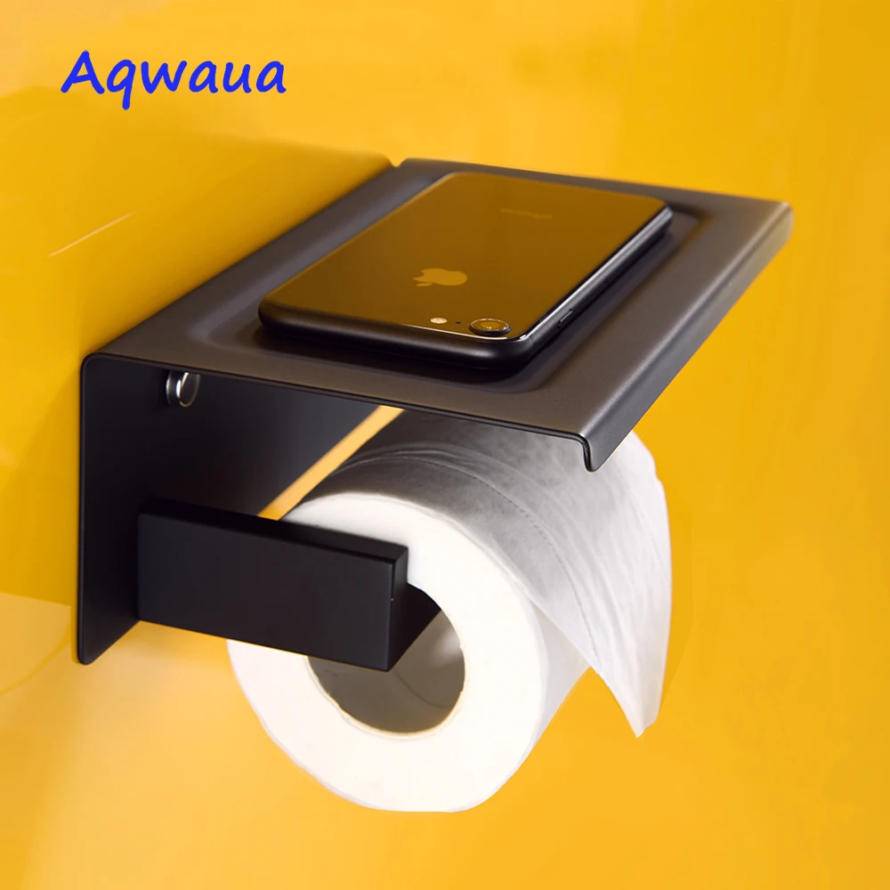 Черный держатель для туалетной бумаги Aqwaua настенный с полкой сотового телефона