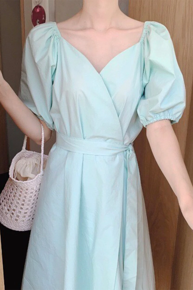 

ZCSMLL V-neck Lace-up Solid Color Dress for Women Waist Slimming Puff Sleeve Korean Women Dresses 2021 Spring Summer