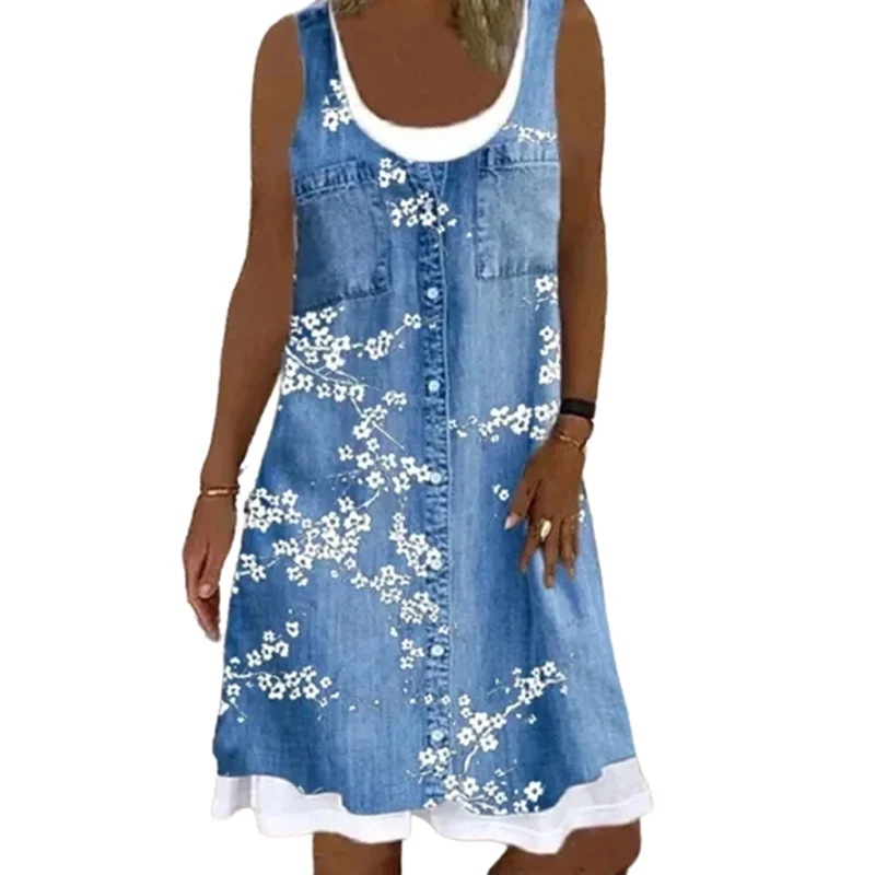 

3XL 4XL Plus Size Women Floral Print Dress Summer Casual Fake Two Piece 3D Digital Printing Sundress Womens O-Neck Robe Femme