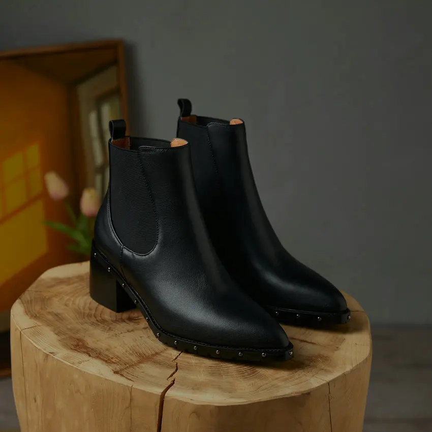 

NIKOVE 2021 Pointed Toe Rivet Autumn Winter Ankle Boots Square High Heel Short Boots Cow Leather Slip on Women Shoes Size 34-40