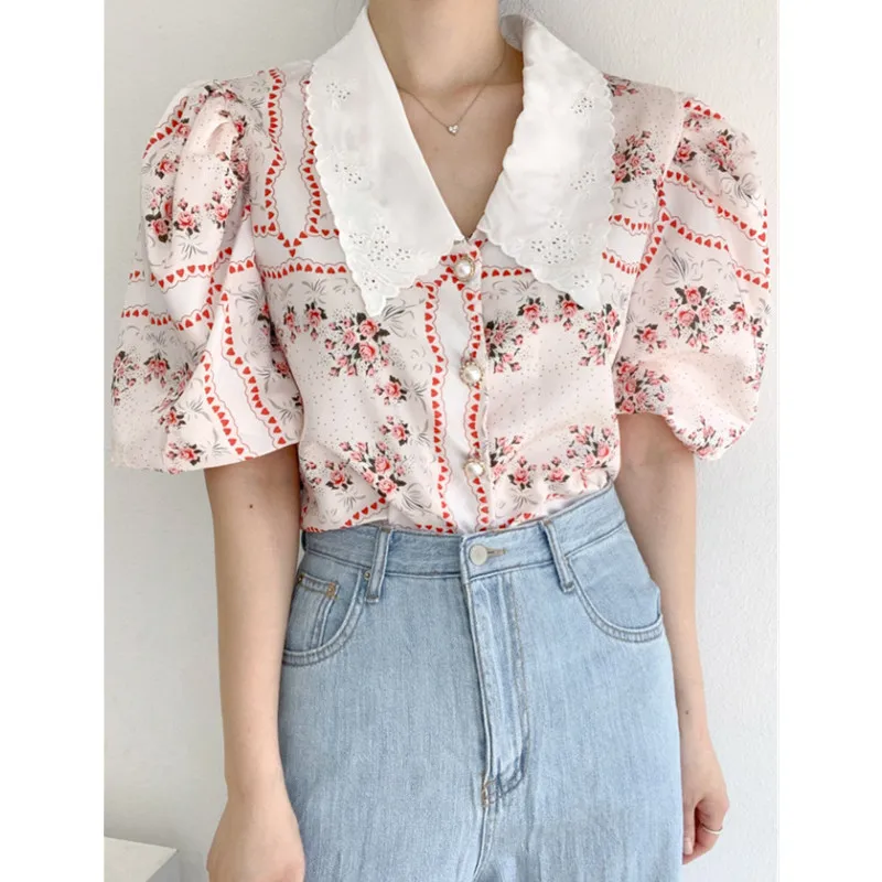 

2021 New Fashion Ladies Floral Shirt Puff Sleeve All-Match Casual Top