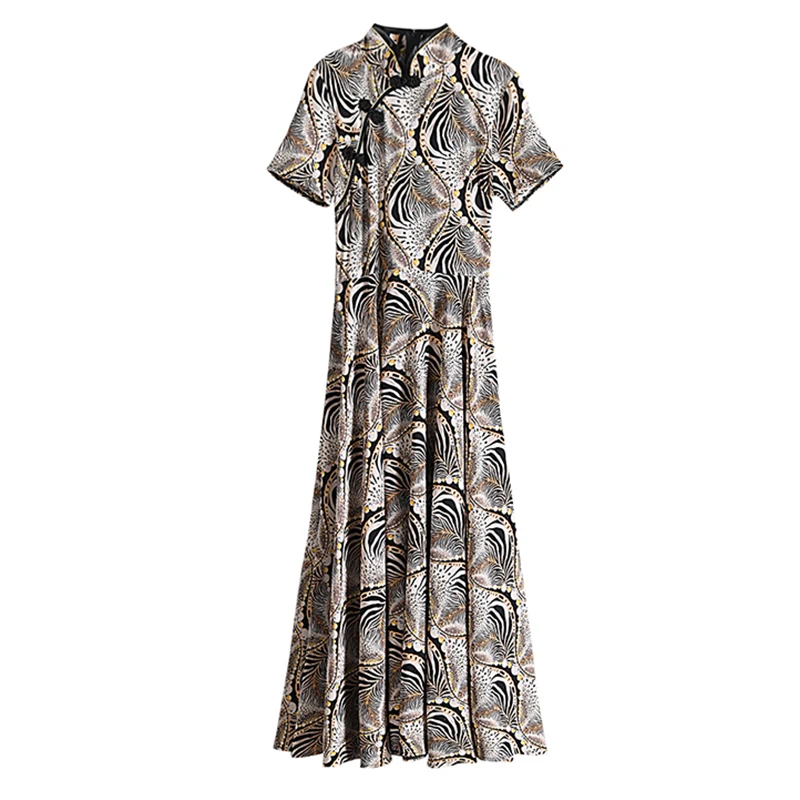 

Elegant Wave Print Dress Women Chinese Stand Collar Short Sleeved Length Temperament Plus Size Clothes