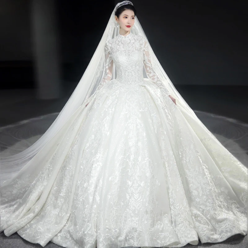 

Custom Made Wedding Dresses Ball Gown Long Train High Neck Tulle Lace Crystal Muslim Formal Wedding Gowns 2020 New Fashion HS11