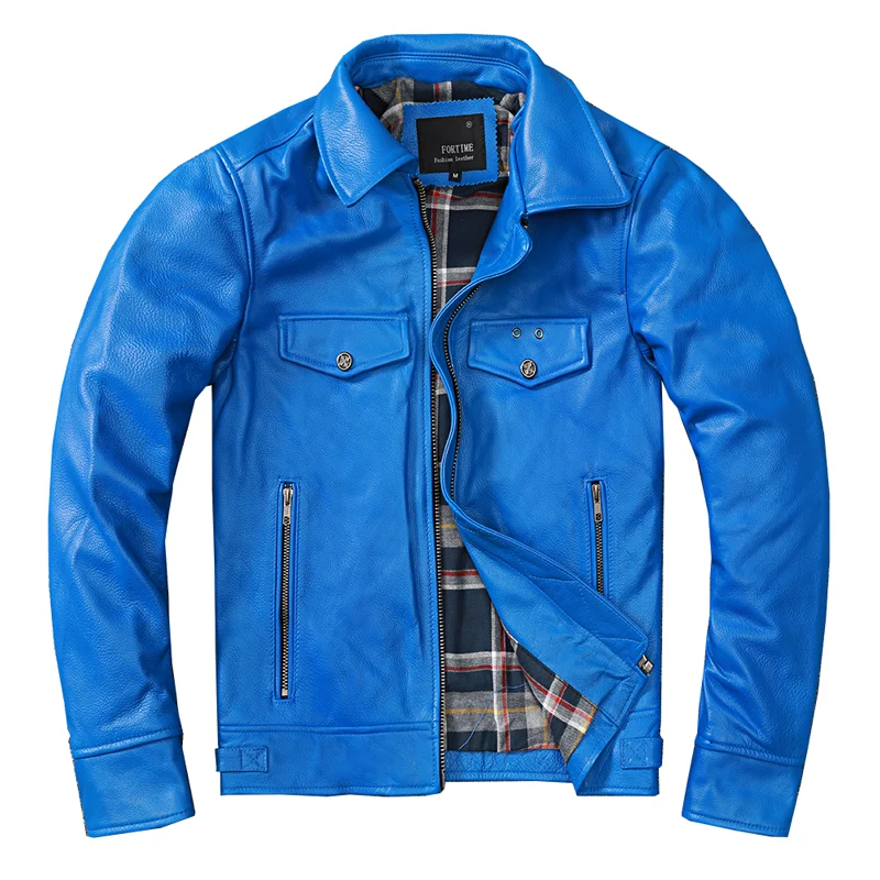 

Plus Size 5XL Men's Genuine Cowhide Jacket Blue Cow Leather Motorcycle Jackets Brand Autumn Leather Coat for Male
