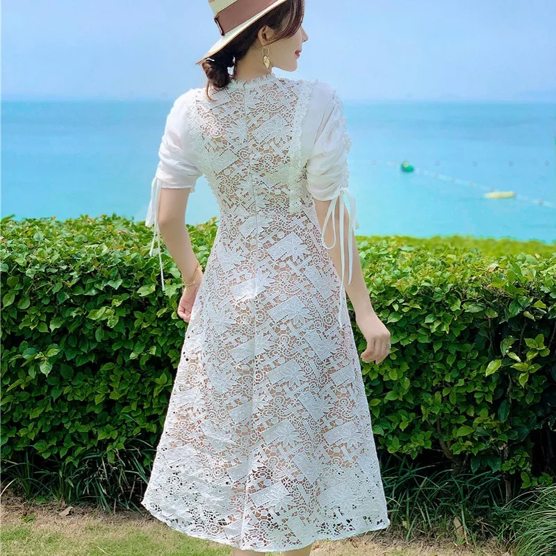 

New Arrival Summer Runway Women's Clothings High Waist Floral Embroidery Lace Bow Tie Sleeve Sweet Mesh Dress Vestidos
