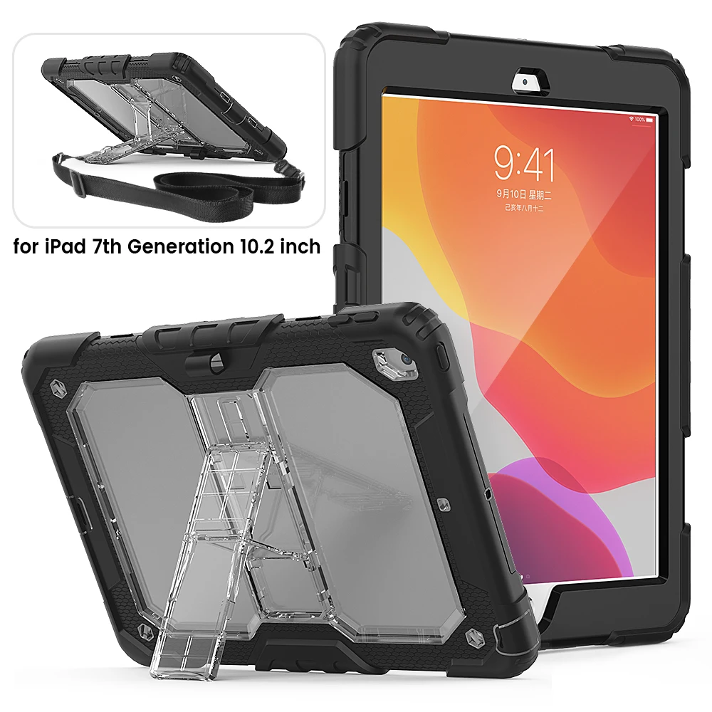 

Жесткий чехол, прочный чехол с подставкой для IPad 7th 10,2 2019 A2197 A2200 A2198, прозрачная задняя крышка со съемным плечевым ремнем
