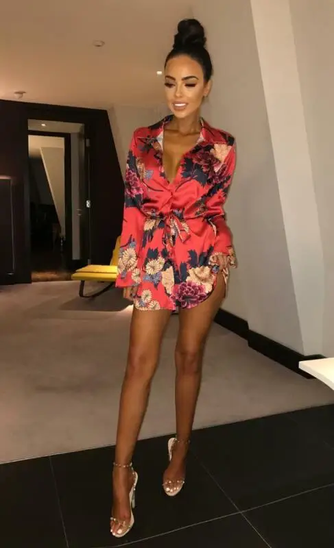 Женское шелковое платье мини с длинным рукавом и V-образным вырезом | Женская