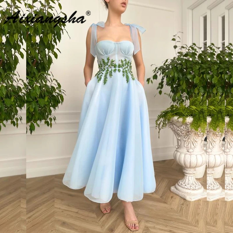 

Aixiangsha прекрасные небесно-Голубые Вечерние платья с квадратным вырезом без рукавов с кристаллами и листьями на тонких бретельках Очаровате...