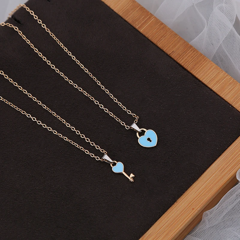 

Fashion Simple Couple Heart Key Lock Pendant Necklaces Gold Color Padlock Chain Choker Necklace Best Friend Jewelry Gift
