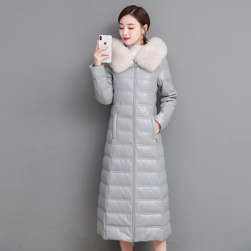 New Women Sheep Leather Down Coat Autumn Winter 2022 Warm Hooded Soft Real Fur Collar Slim Sheepskin White Duck Down Overcoat