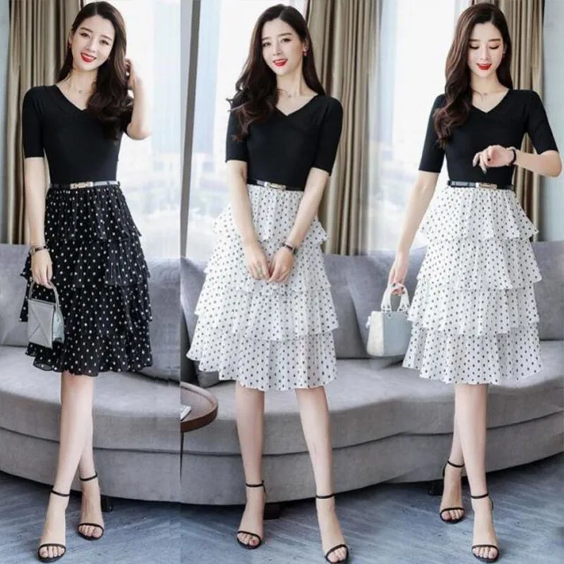 

New elegant fashionable cake skirt splicing Polka Dot Chiffon sexy temperament V-neck medium length dress SS877