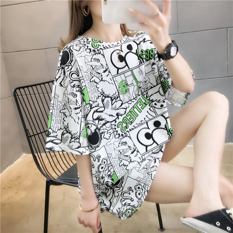 

2021 Summer New Female Mid-Length Short-Sleeved T-Shirt Women's Loose Cartoon Print Student Top Casual Round Neck Lady T-Shirt