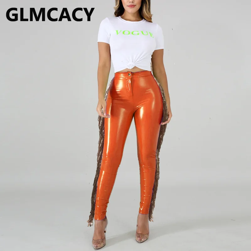 

Women Slim PU Leather Pants Side Fringe Tassels Detail Trousers