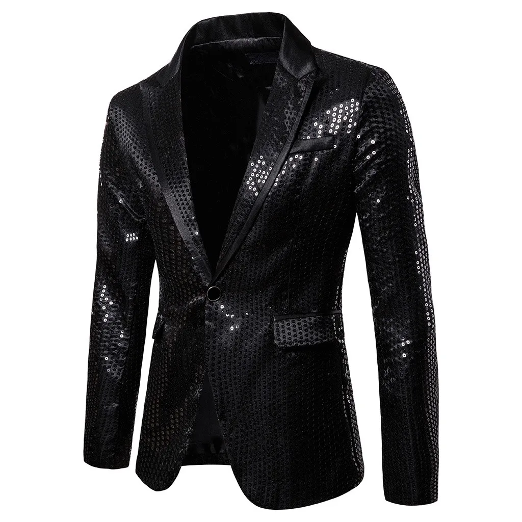 Mens Sequins Patchwork Suit Blazer Jacket Brand New Male Slim DJ Club Stage One Button Blazer Man Formal Wedding Clothes