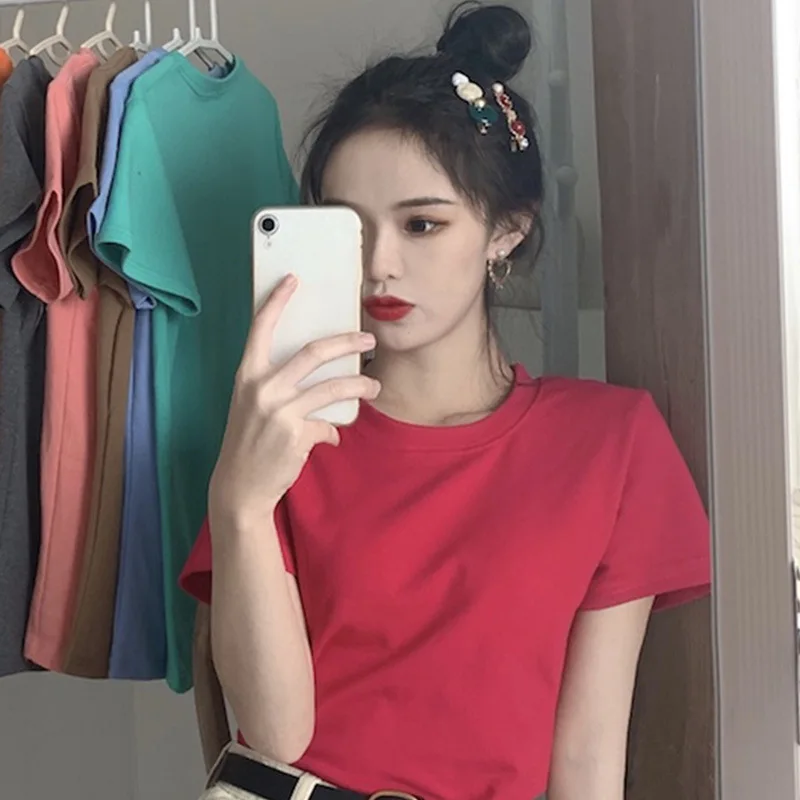 

10 Candy Colors 2020 Summer Wear New Large 2XL Casual Loose Solid Color Short Sleeve Harajuku T-shirt White O-Neck Top for Women